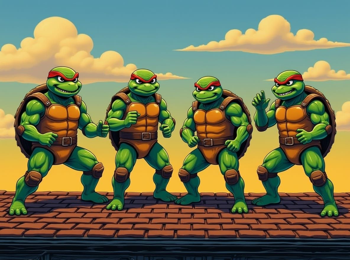 Four Ninja Turtles On City Rooftop