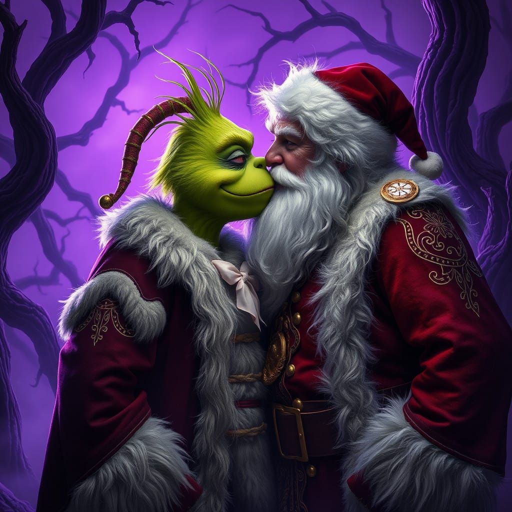 Dark Fantasy Santa Claus Shares a Kiss with the Reluctant Gr...