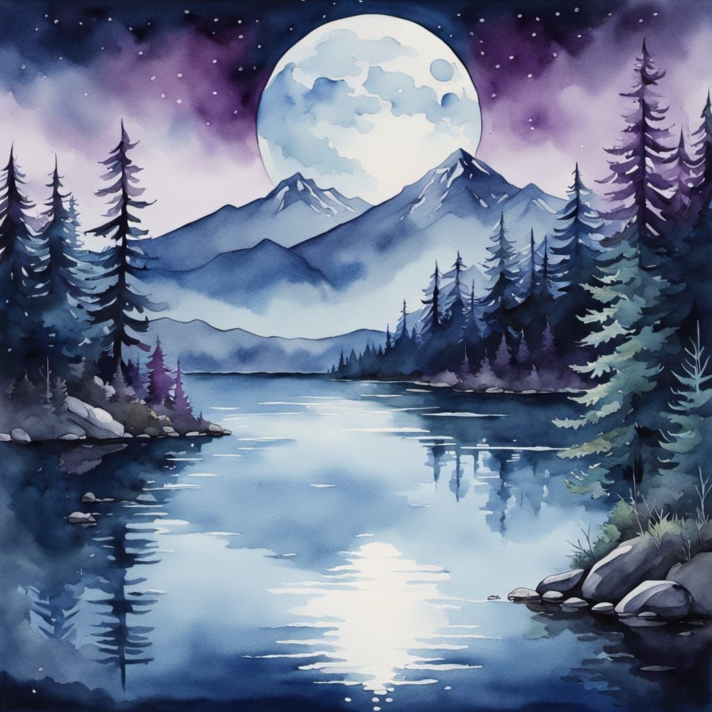 Watercolor Lake Under Full Moon with Glowing Mountains
