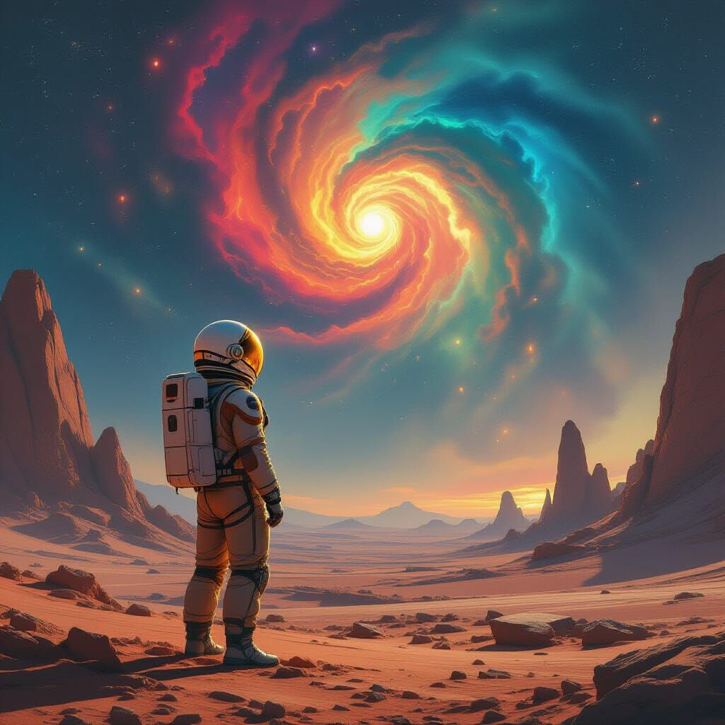 Astronaut Contemplates Nebula on Alien Planet