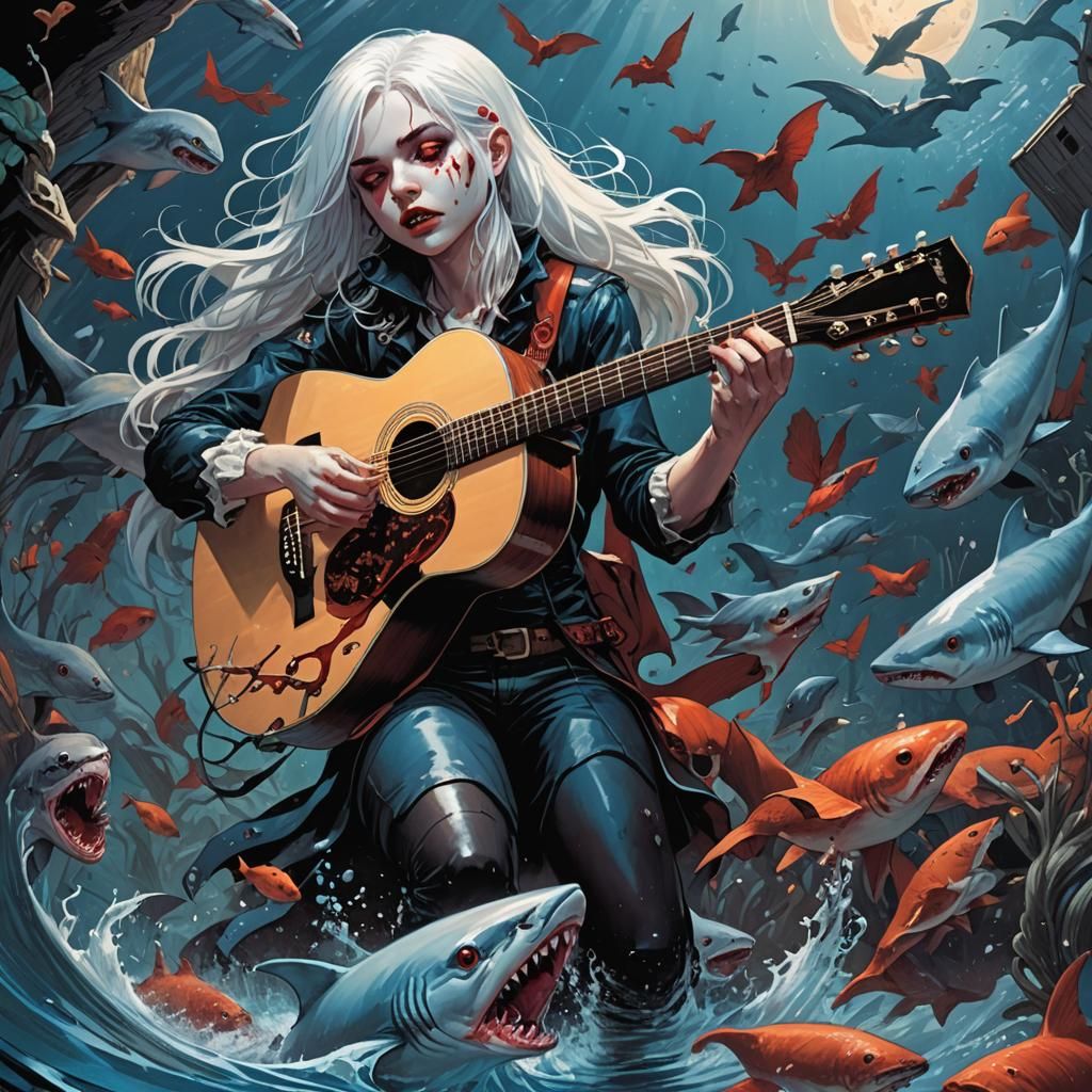 Underwater Vampire Child Guitarist in Comic Art Style