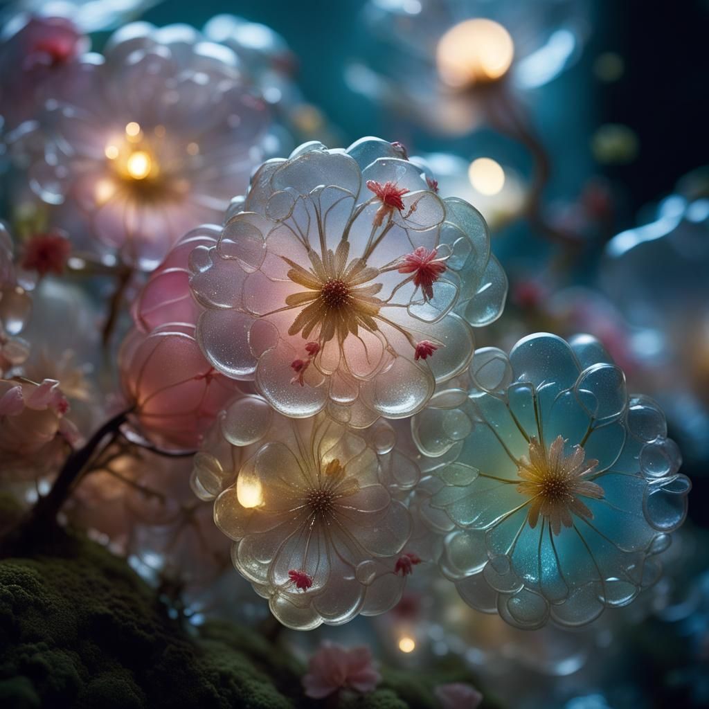 Mystical Forest: Delicate Glass Flowers in Moonlight
