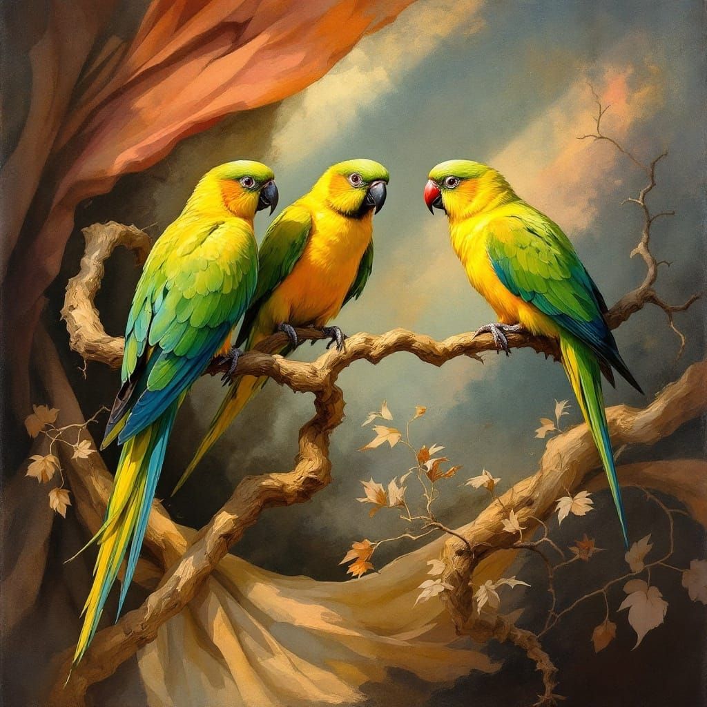 Baroque Parrots Amidst Majestic Boughs