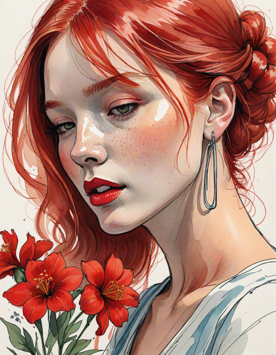 A Woman Smells a Vibrant Red Blossom