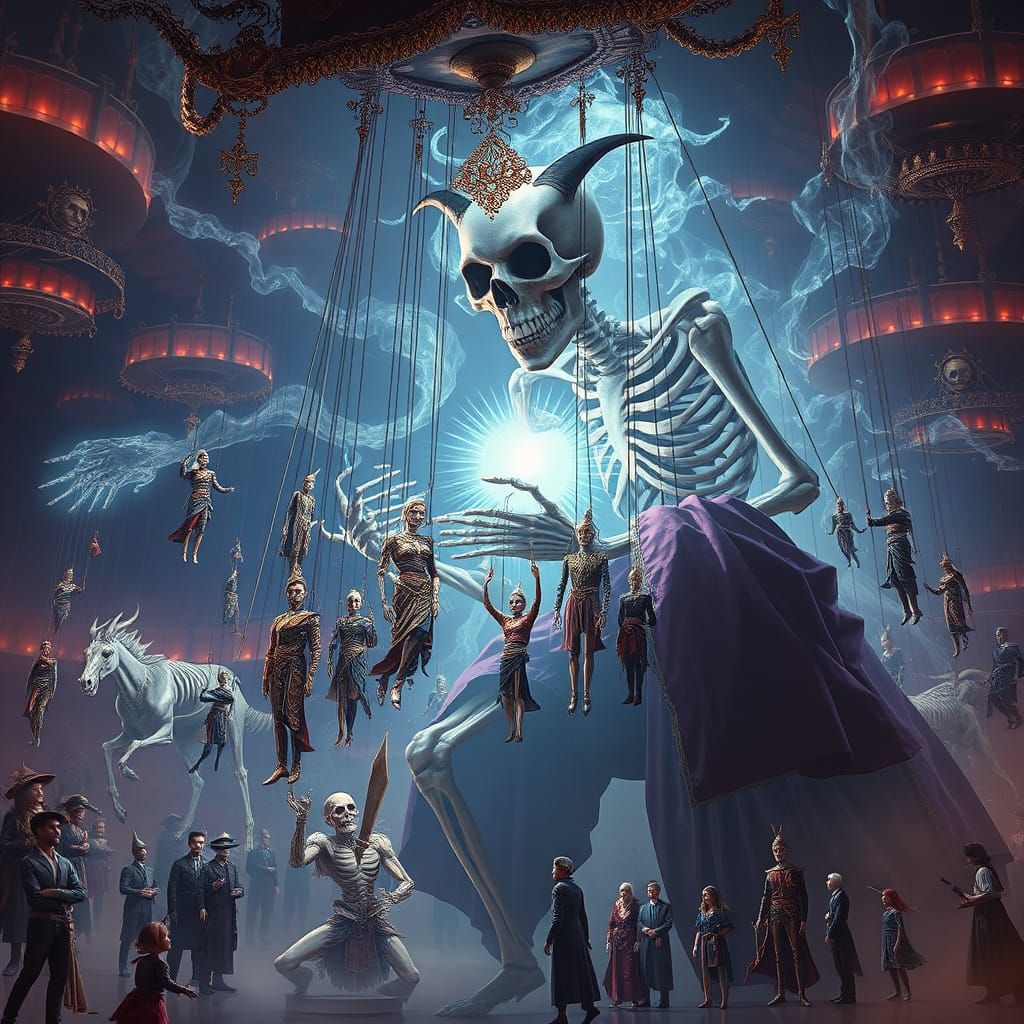 God-like Skeleton Puppet Master Amidst Dreamlike Realm