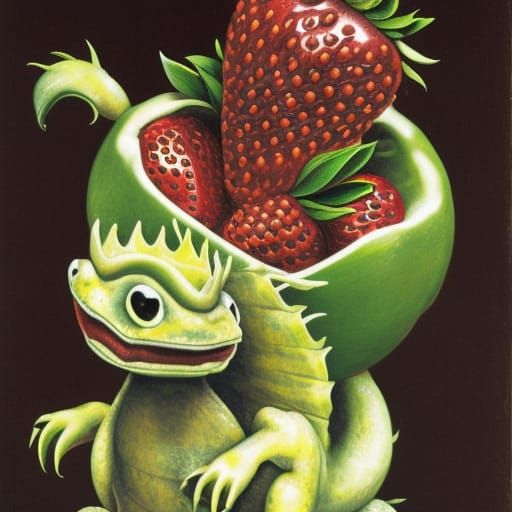 Chibi Dragon holding a strawberry, sitting in a teacup 8k resolution concept art