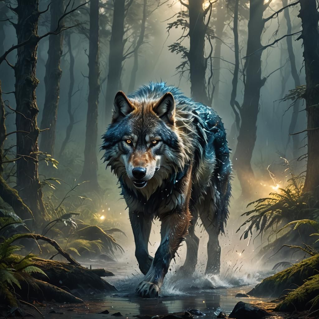 Thunder Wolf in Misty Forest: Matte Painting