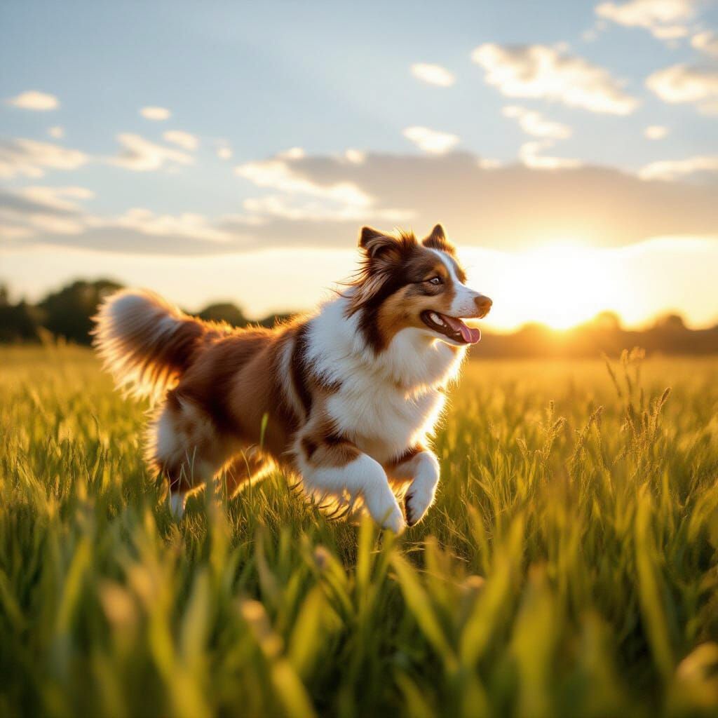 Glass Dog Reflecting Sunlight Runs Through Field