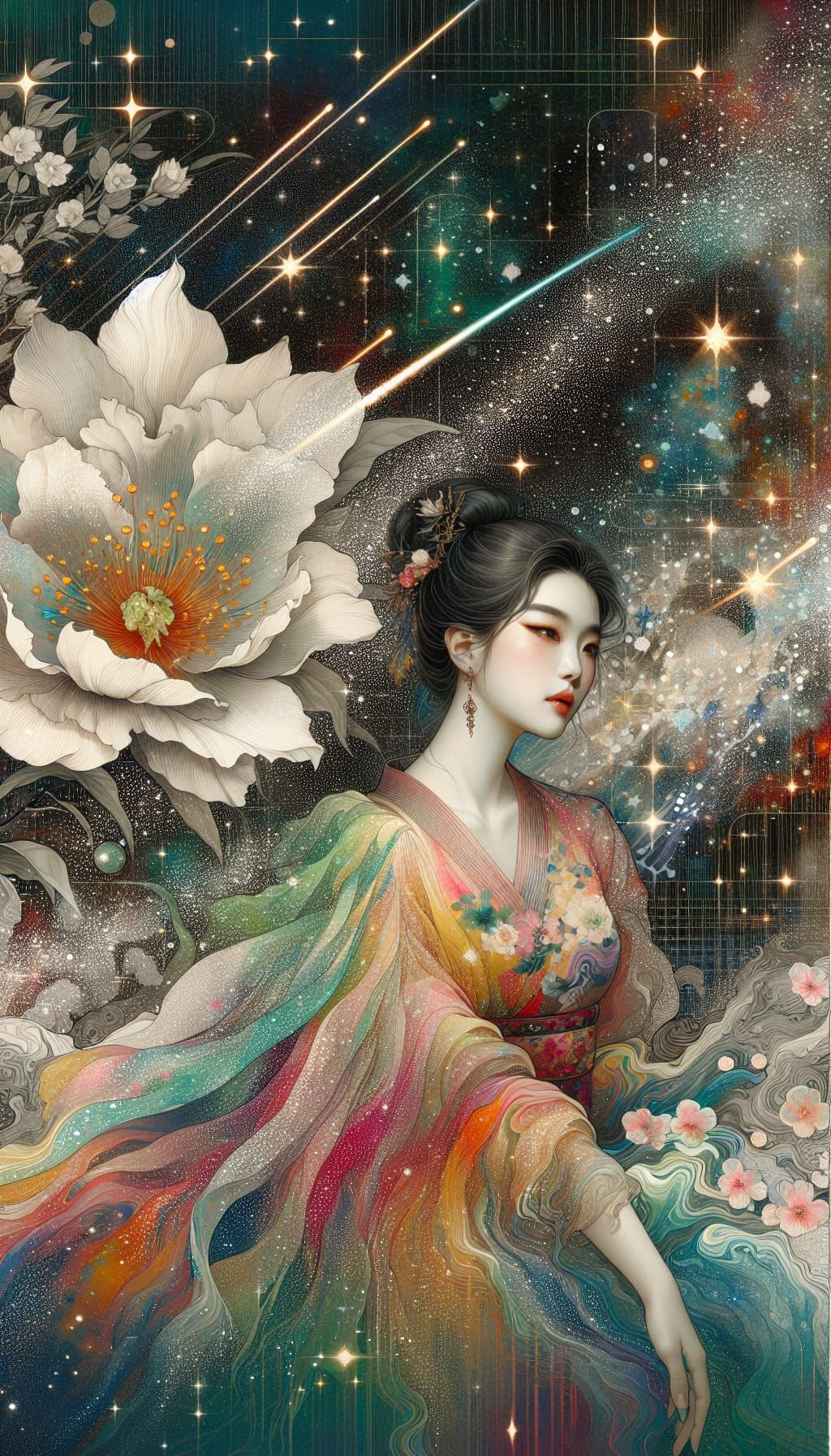 Asian Woman in Starry Night as Romantic Painting