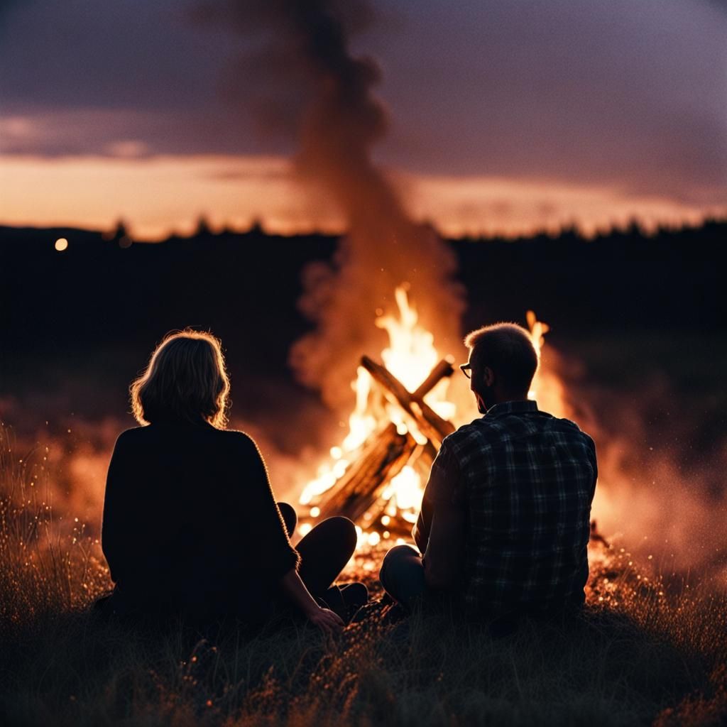 Couple Reflecting by Bonfire on Good Old Days