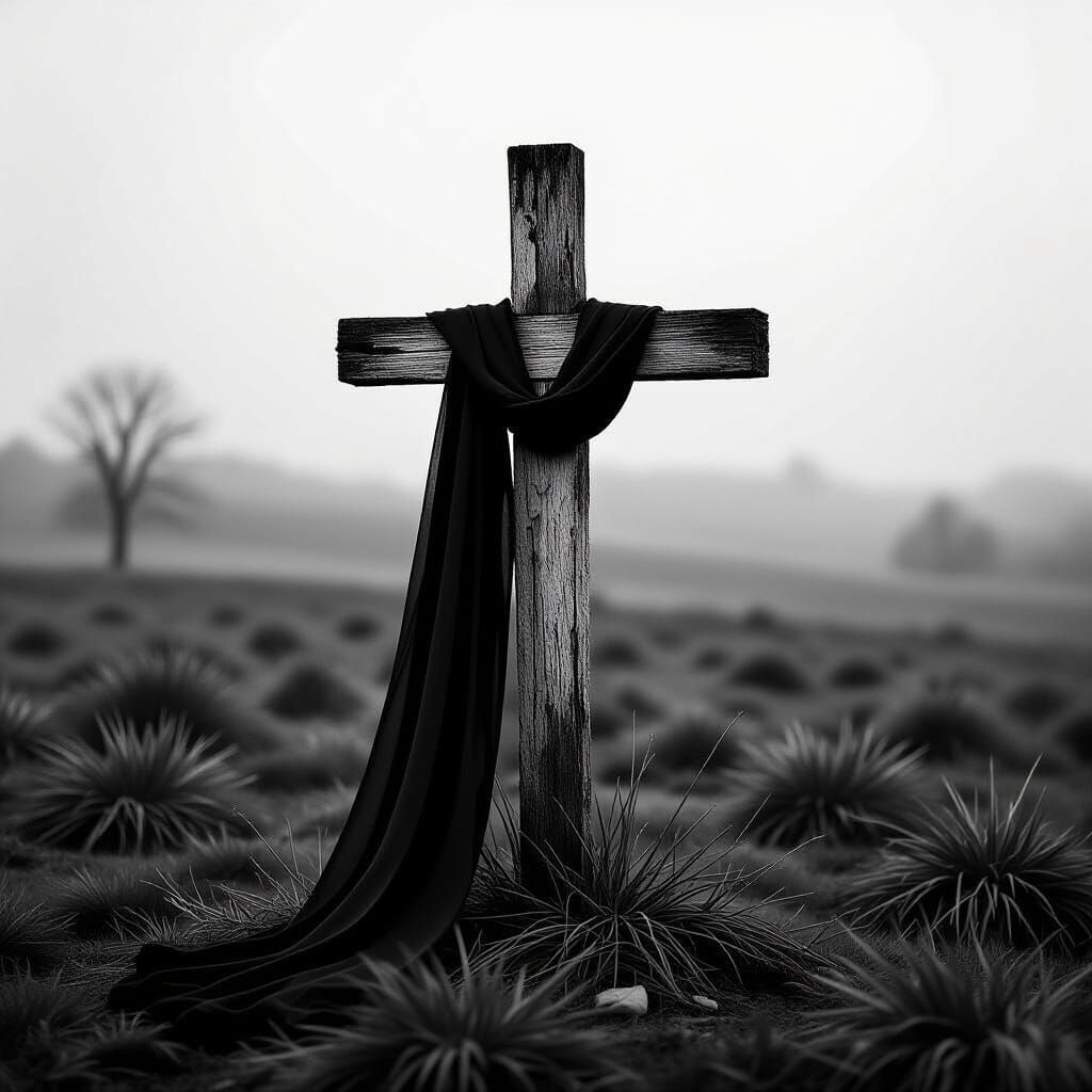 Weathered Cross with Scarf in Dramatic Black and White