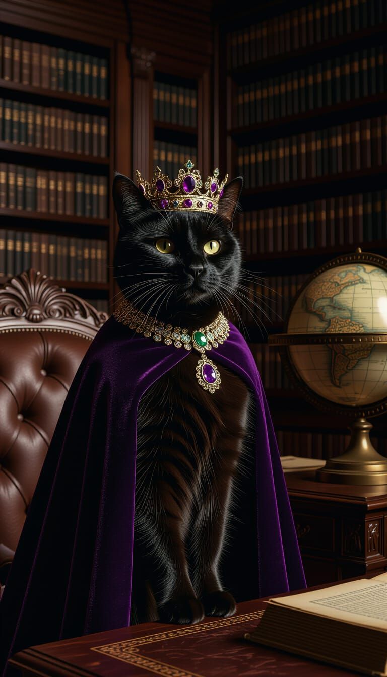 Majestic Black Cat Queen in Regal Study