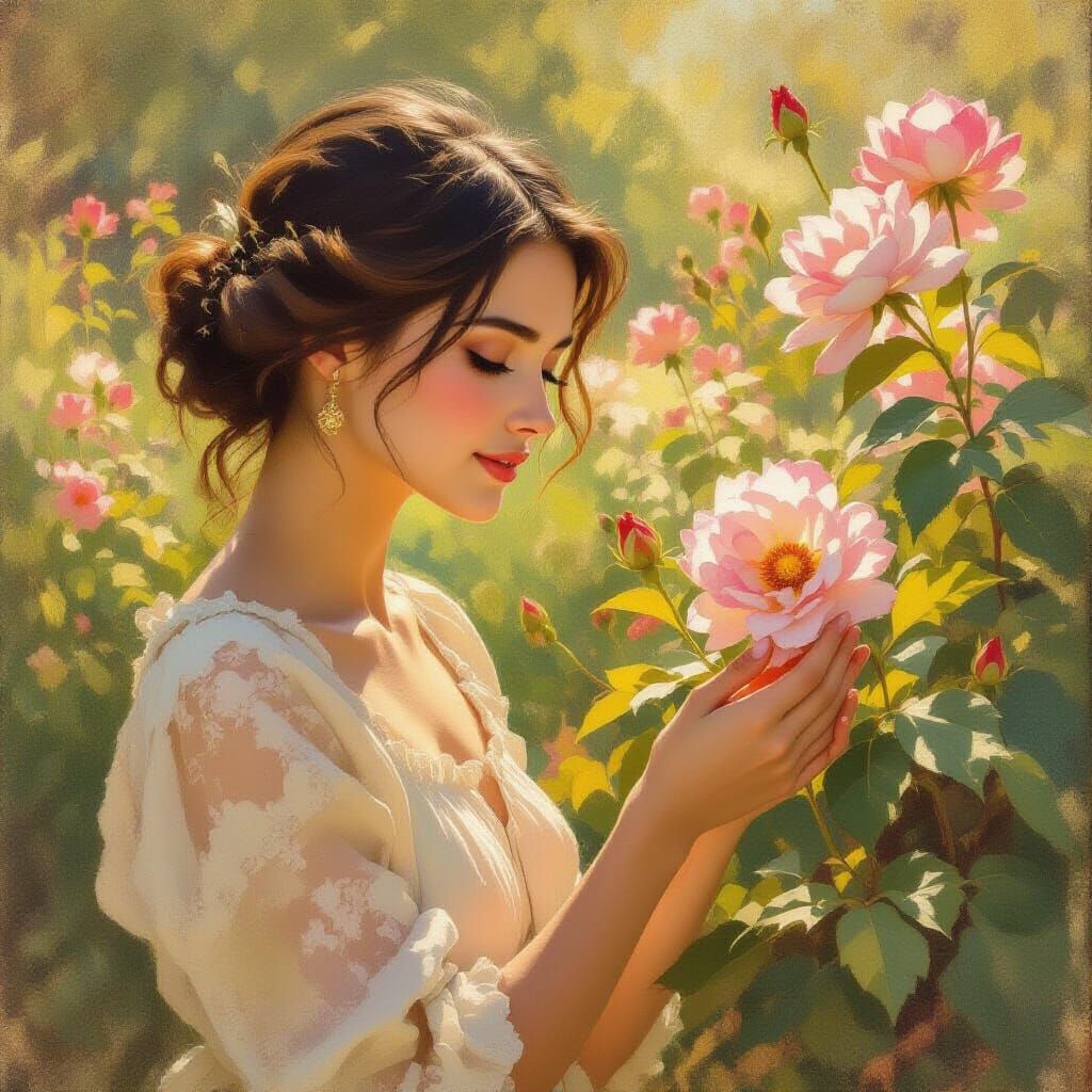 Shy Woman Finds Joy in Sunlit Garden