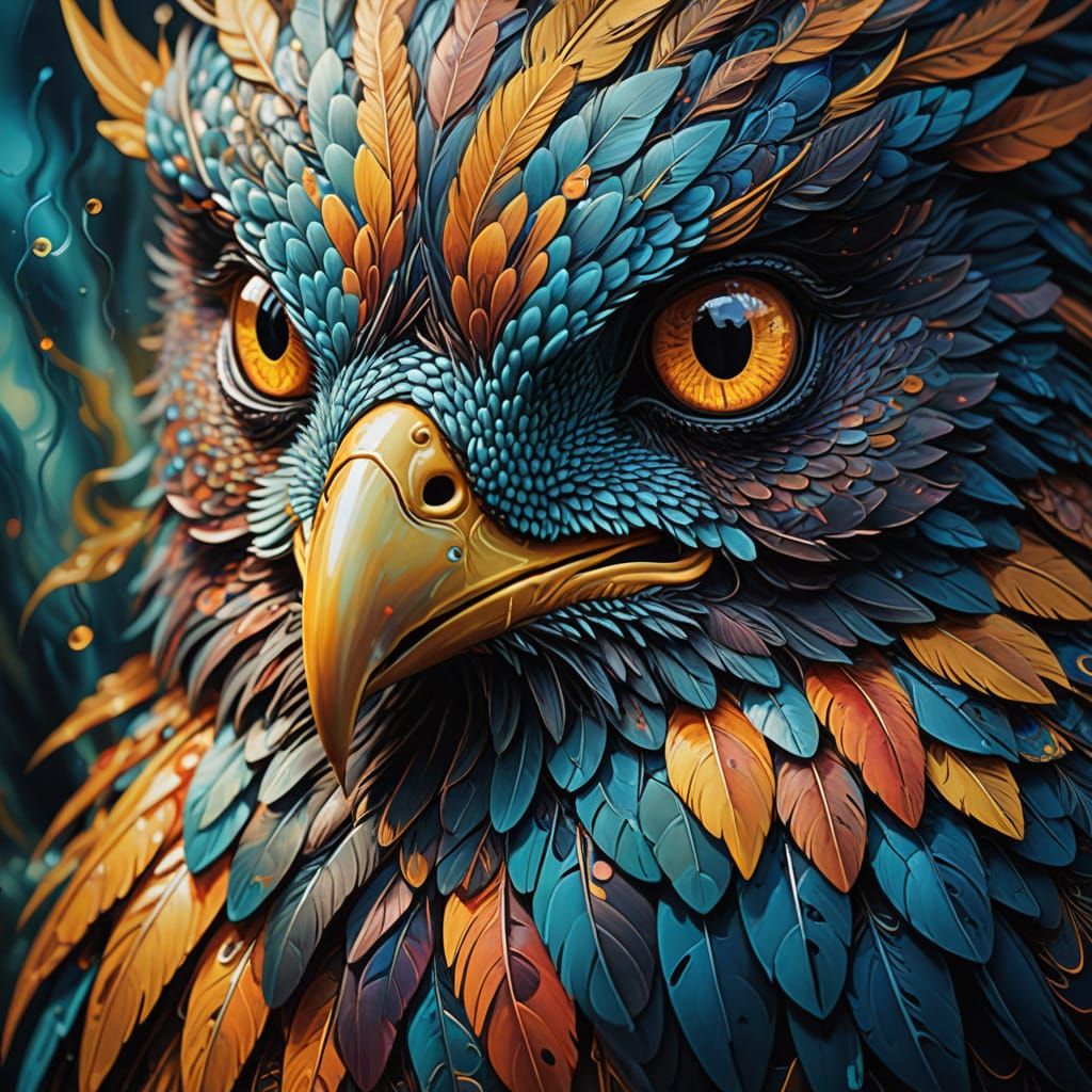 Surreal Bird Face Merges in Vibrant Oil Painting