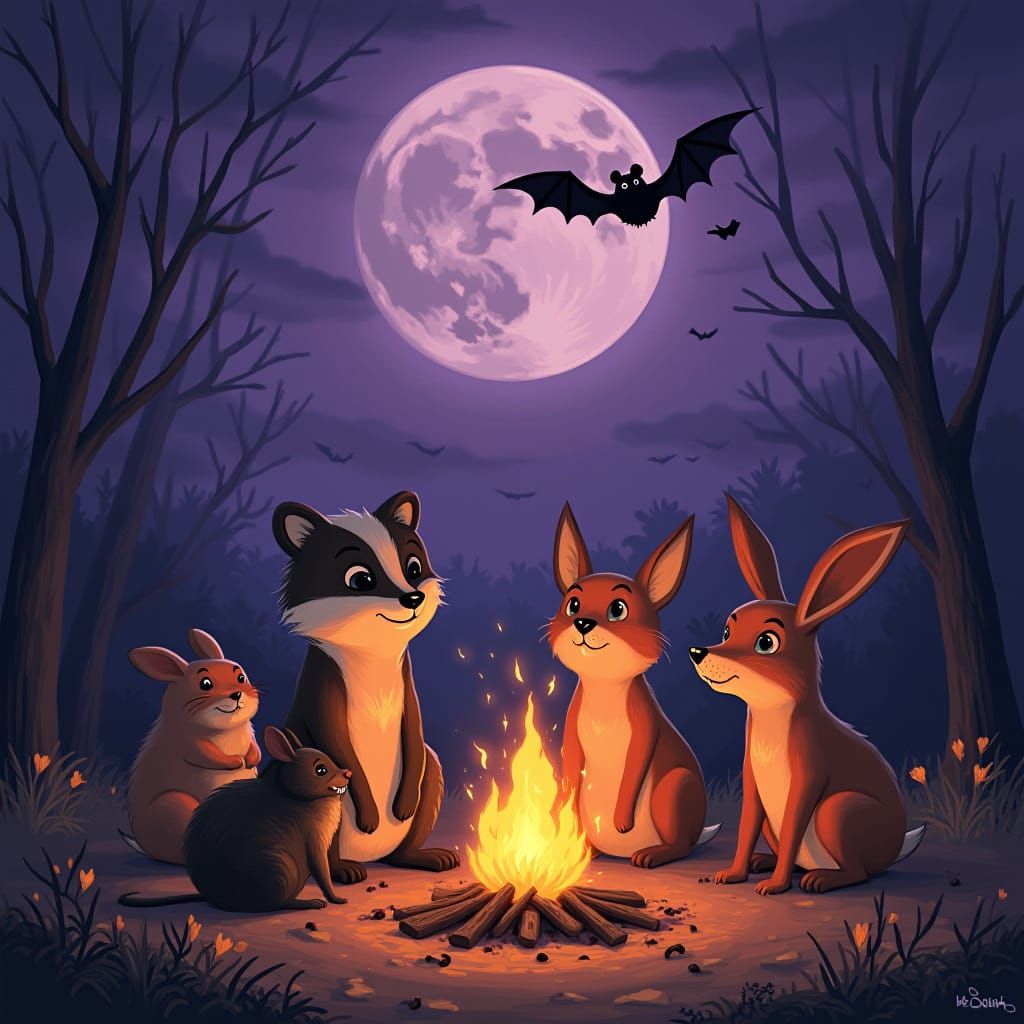 Whimsical Bonfire Gathering Under Spooky Moonlit Sky