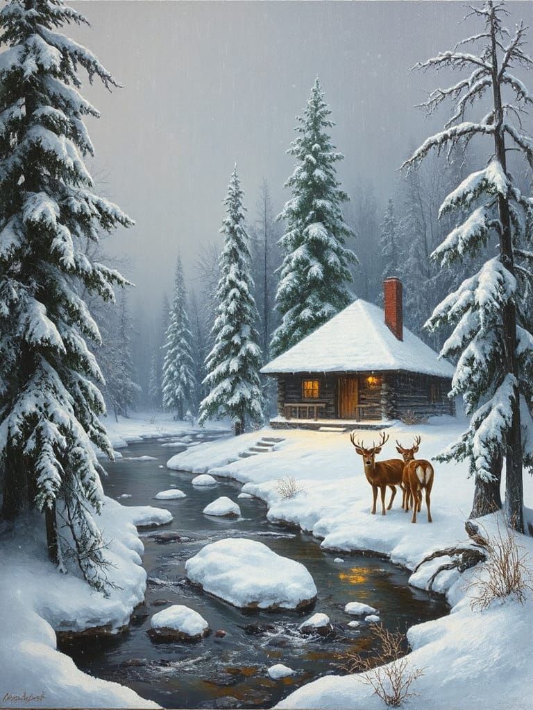 Winter Wonderland Cabin Scene in Oil Painting Style
