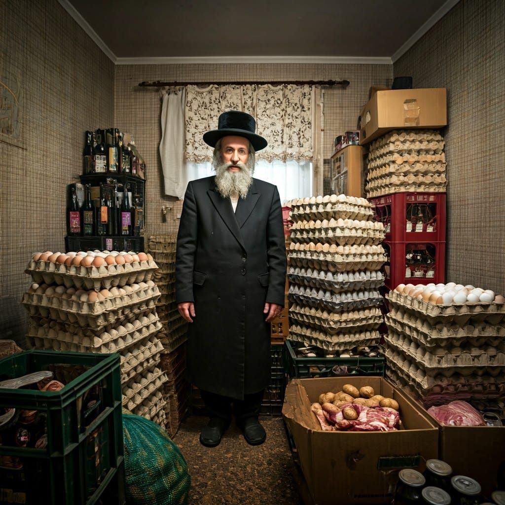A Chasidic Man Surrounded by Kosher Delights in a Cozy Home