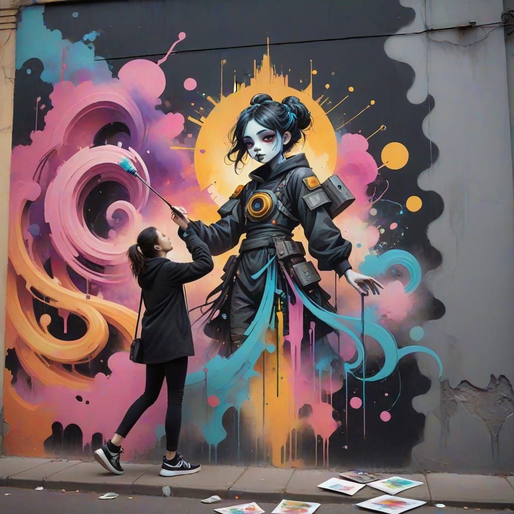 Cyberpunk Mural of Glitching Deity in Watercolor