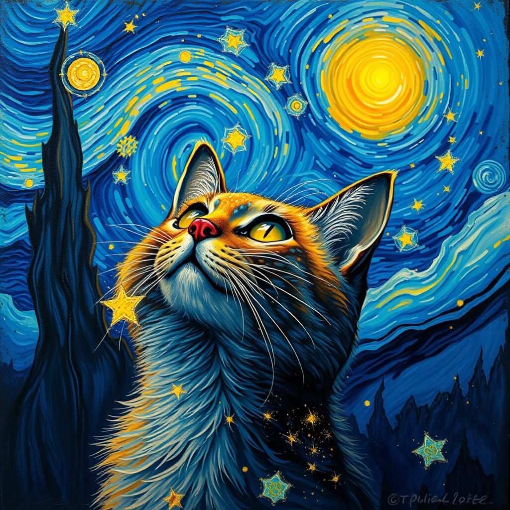 Cosmic Cat Gazing at Swirling Van Gogh Sky
