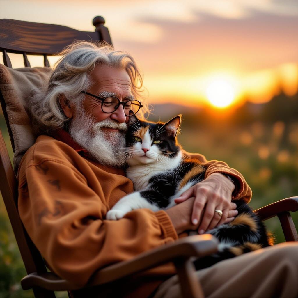 Elderly Hippie and Calico Cat at Sunset