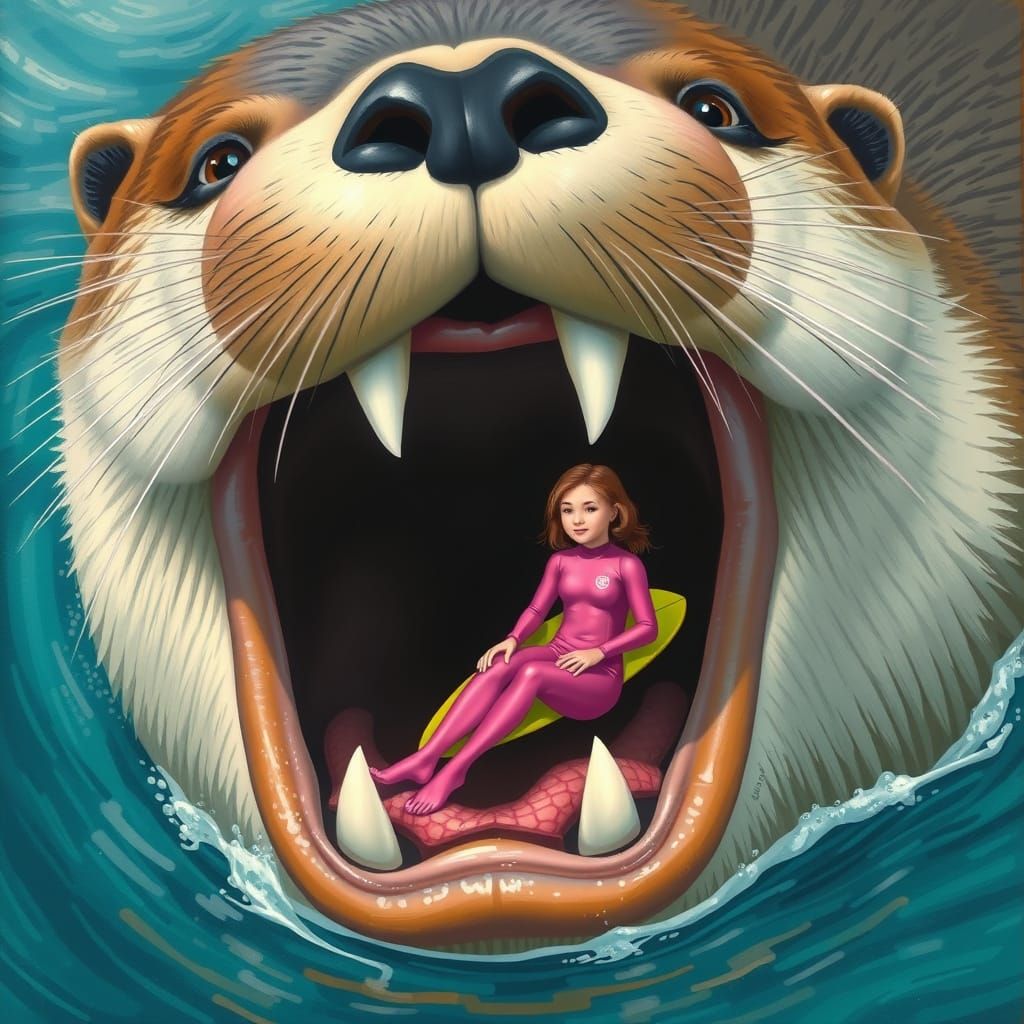 Surfer in Otter's Mouth: Whimsical Dreamlike Scene