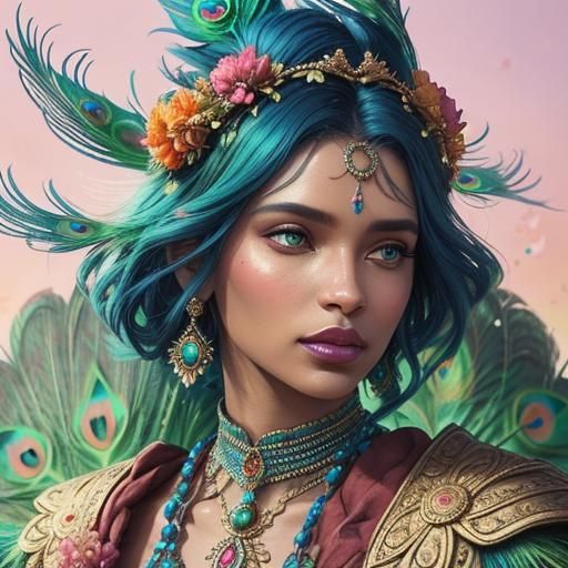 Fantasy Woman Portrait with Peacock Feathers, Digital Art