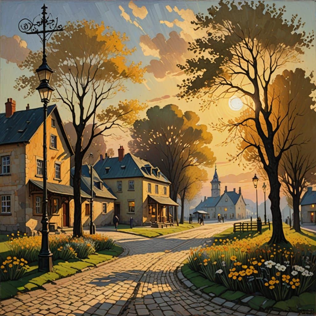 Whimsical Village Scene in Impressionist Oil Painting Style