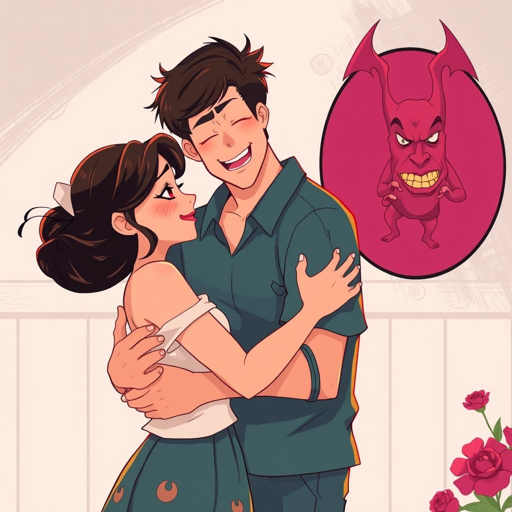 Romantic Couple with Devil in Vibrant Animated Style