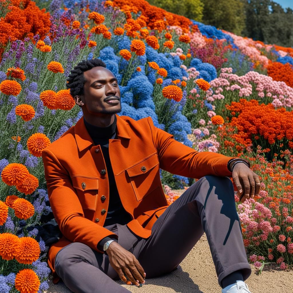 Confident Man Amidst Vibrant Floral Display