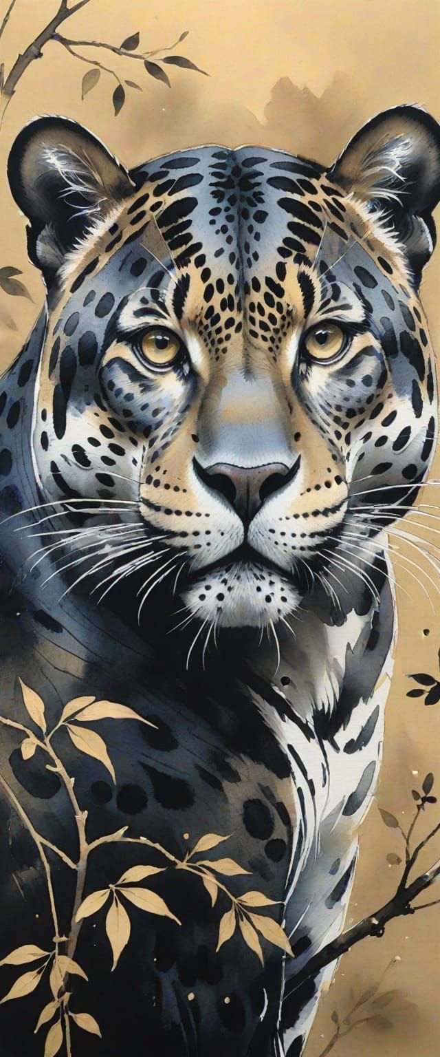 Jaguar in Sumi-e Style Ink Painting