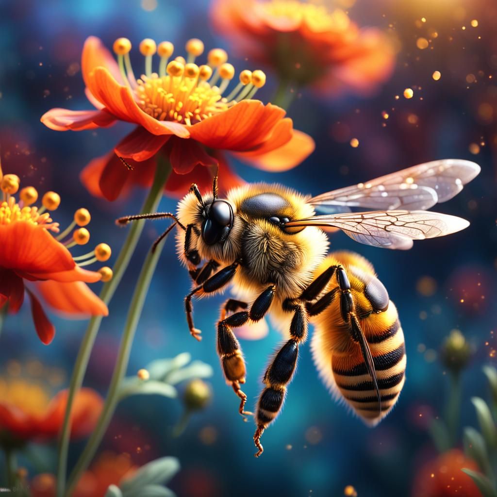 Iridescent Honey Bee in Floral Decor, Digital Art