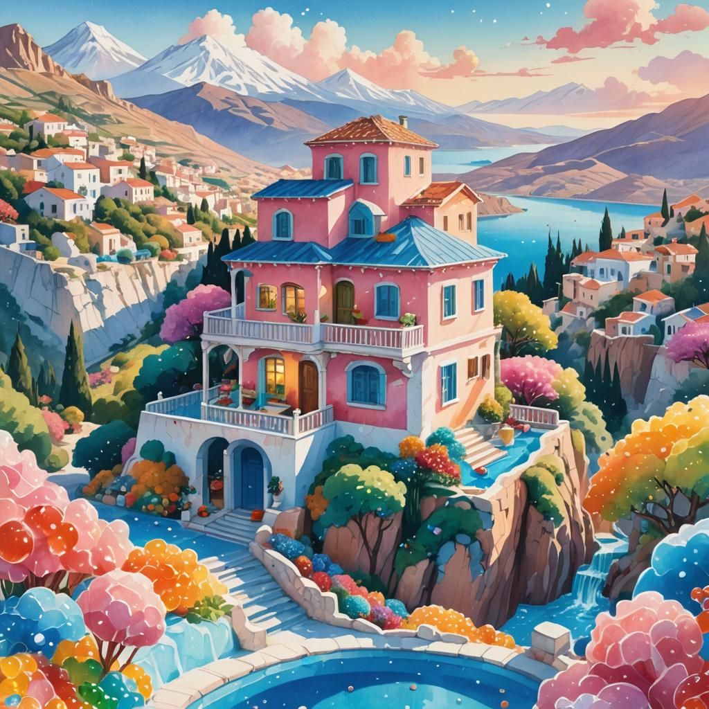 Greek House with Gummy Bear Mountains in Watercolor