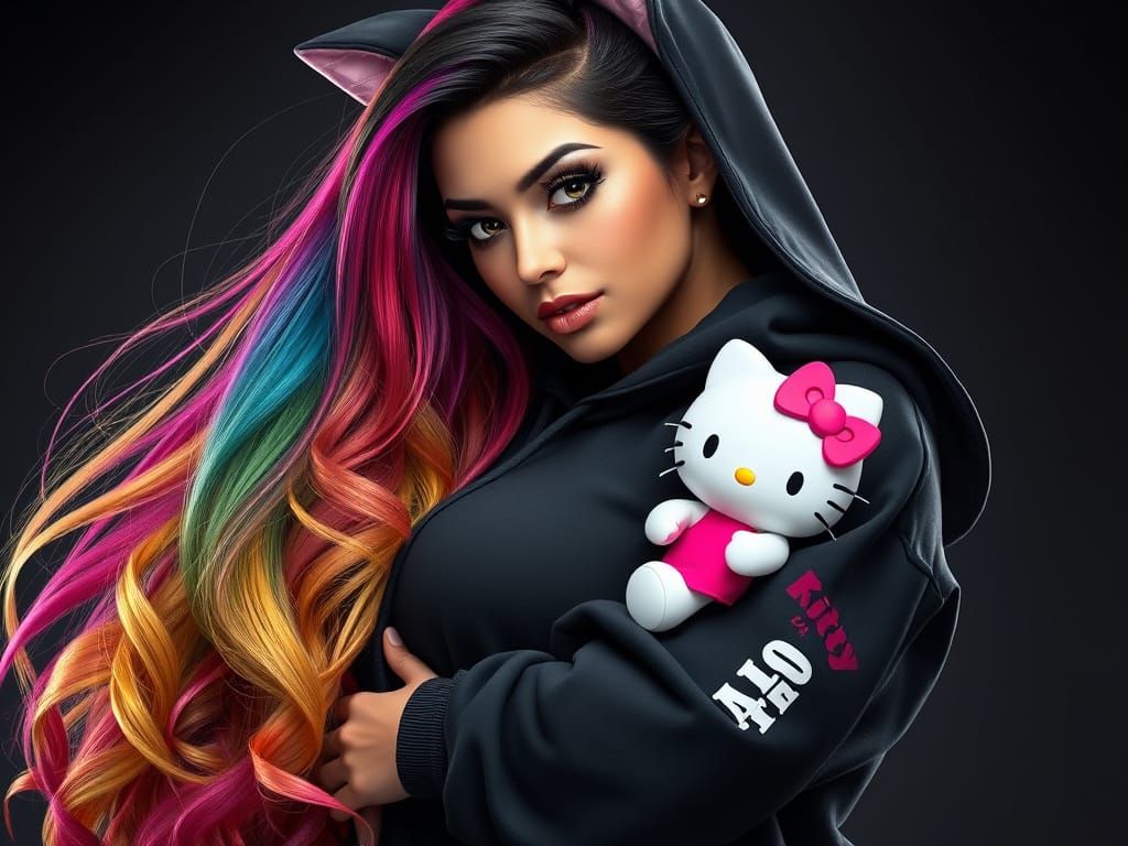 Stunning Woman with Rainbow Hair and Hello Kitty Ears in Ult...