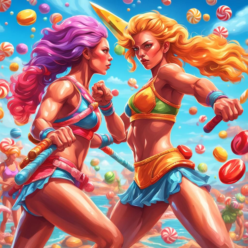 Female Warriors Sparring in a Candy Art Style