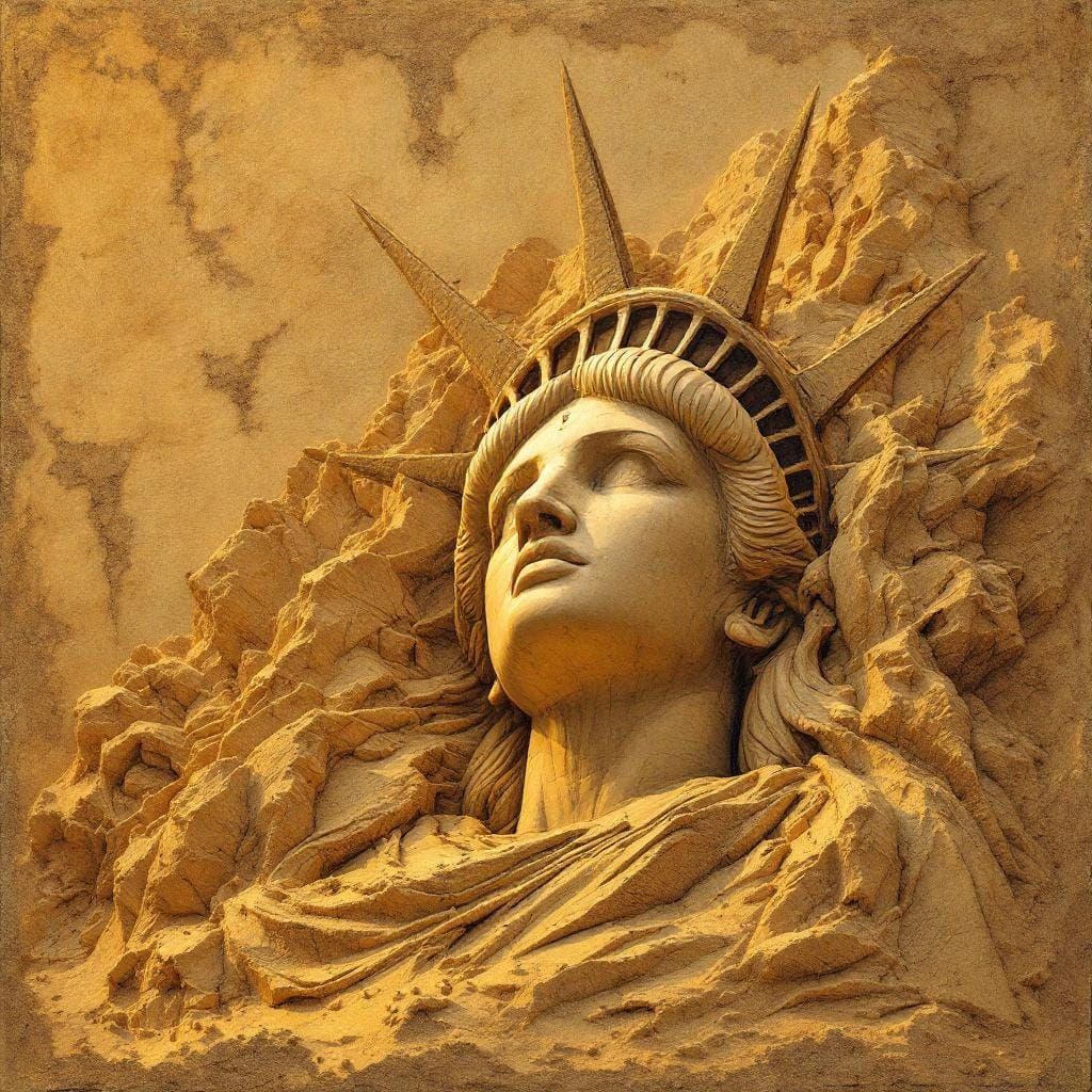 Sand Statue of Liberty in Impressionistic Sunset