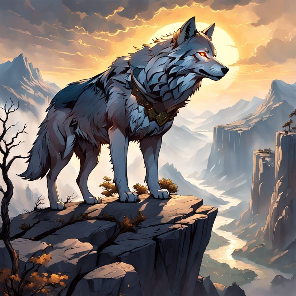 Majestic Wolf Overlooking Misty Valley in Cinematic Light