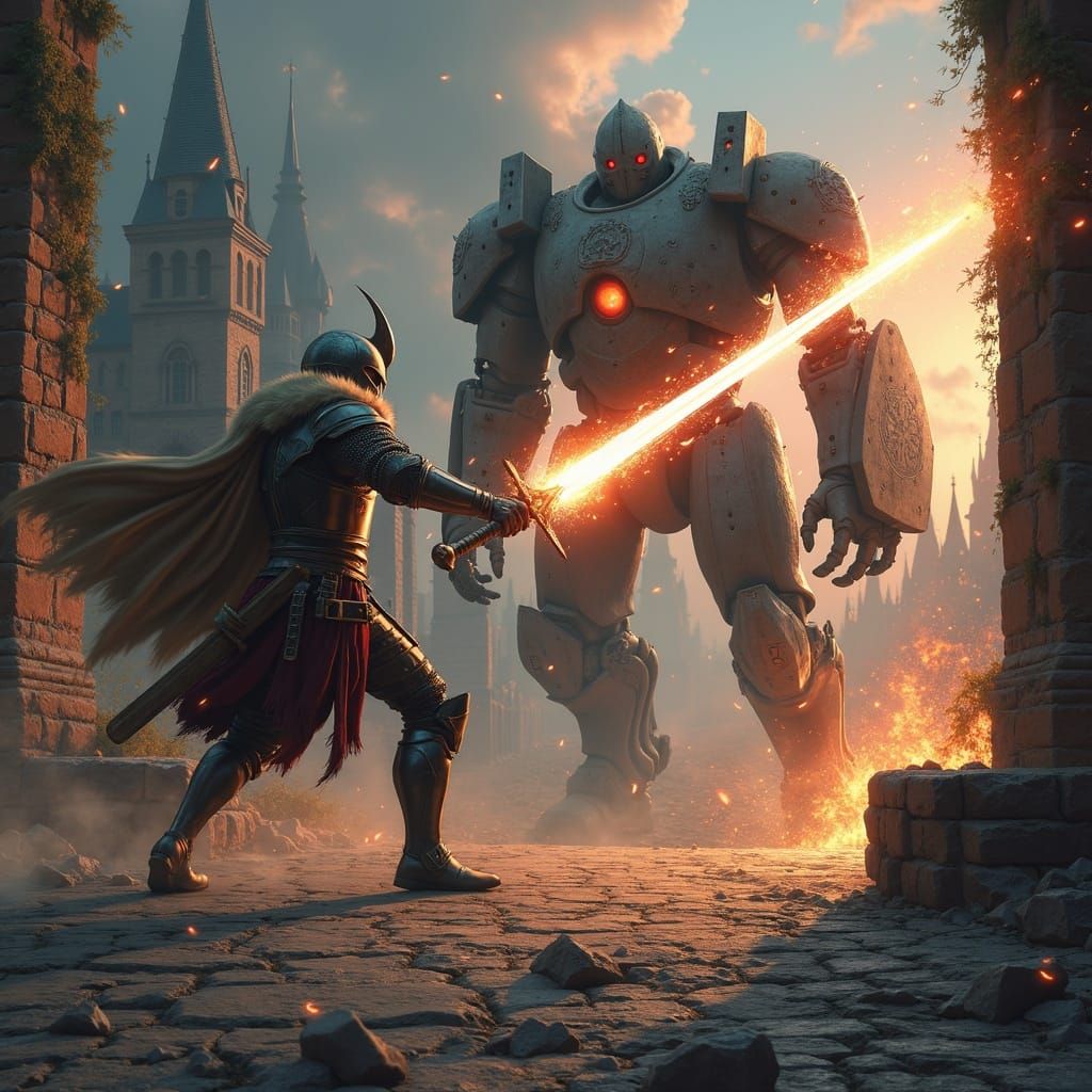 Knight's Epic Battle in Medieval City at Dusk