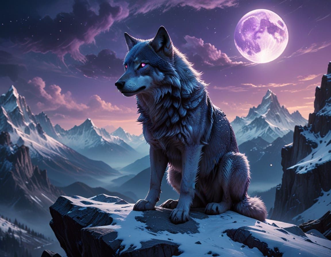 Lone Wolf Over Snowy Mountains at Twilight