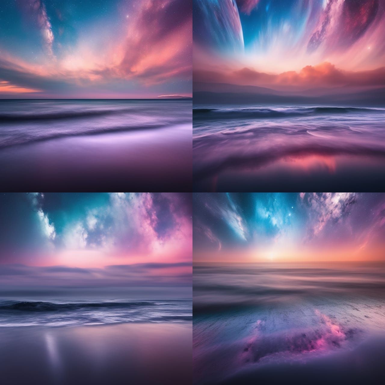 Cosmic Beach Landscape with Neon Sea