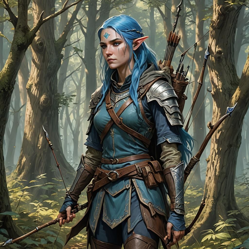 Blue-Haired Wood Elf Ranger with Longbow
