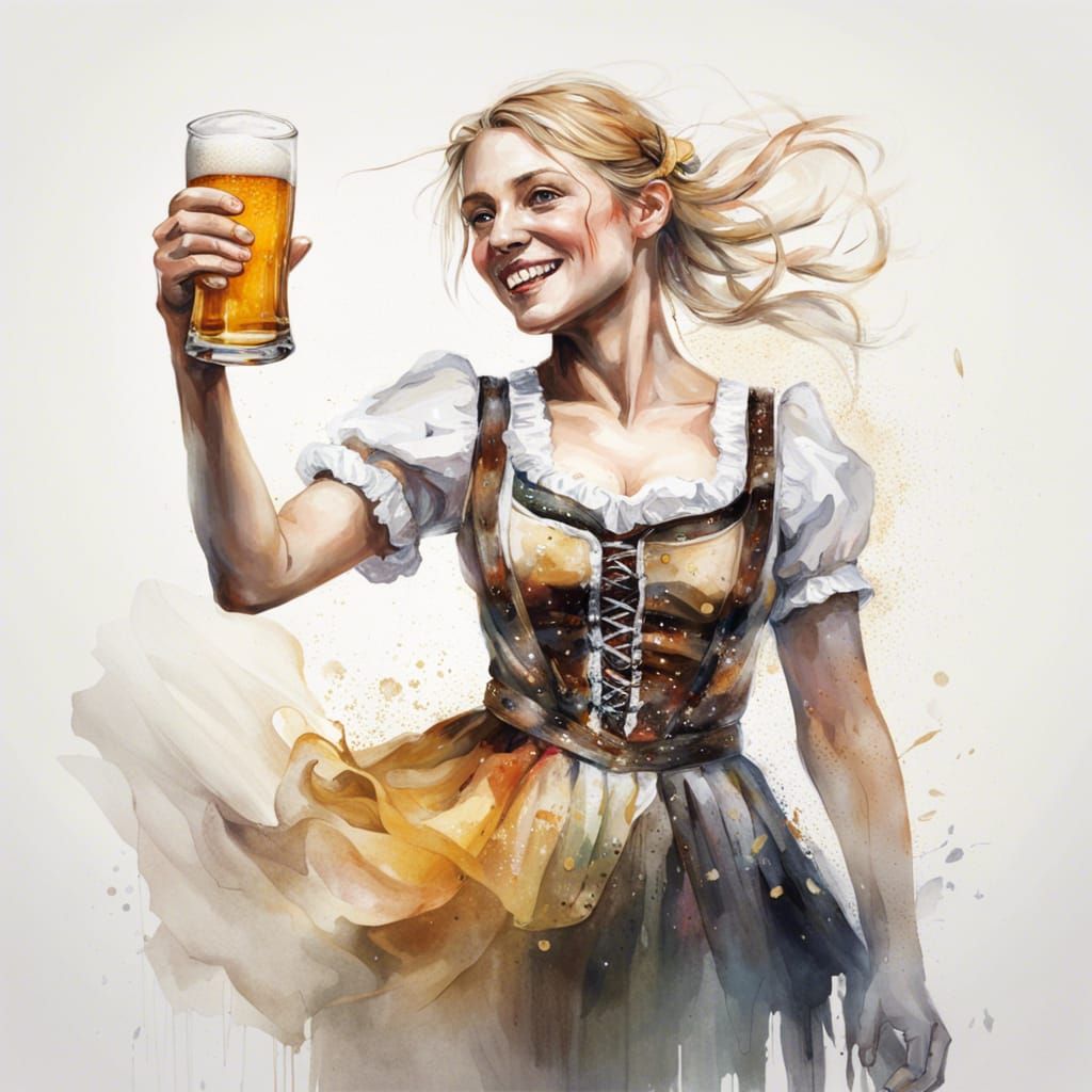Oktoberfest Beer Maid, Watercolor Photorealistic Image