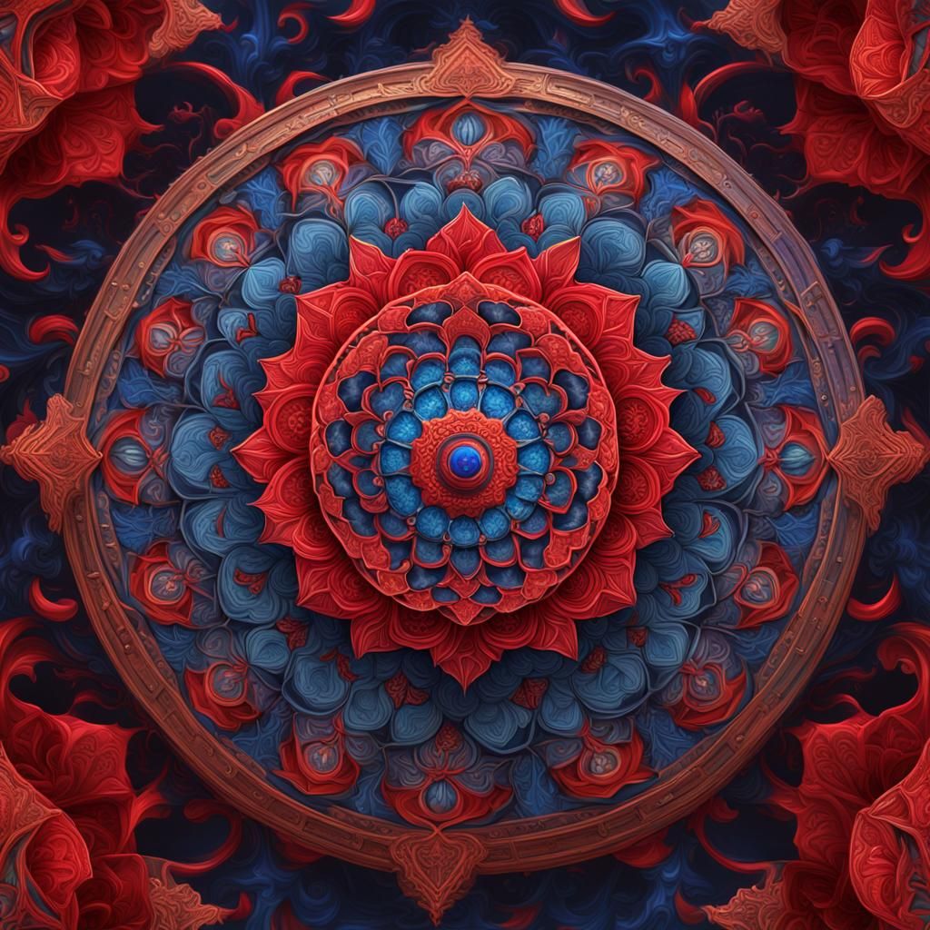 Mandalas and fractals. Balanced colour of red and blue.