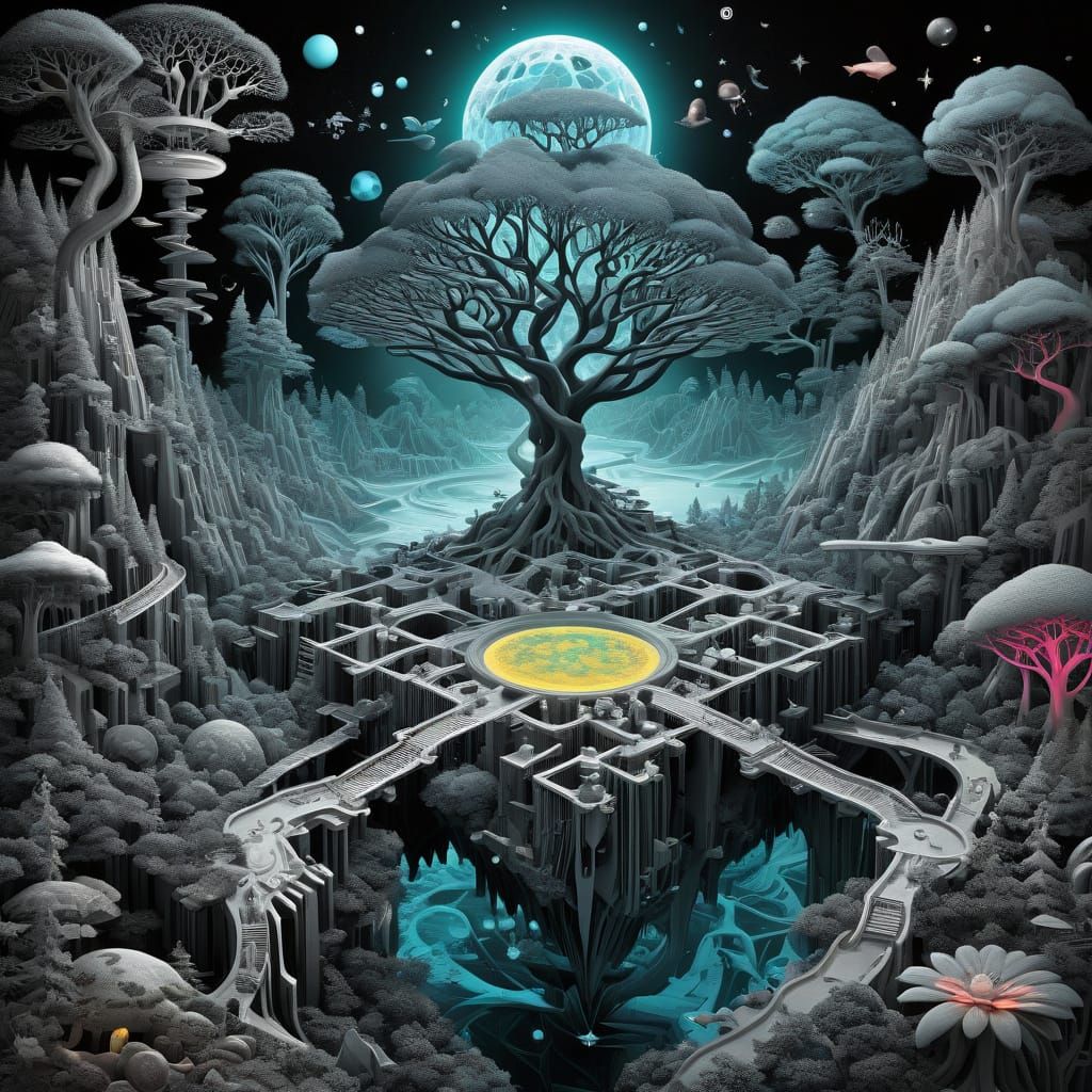 Ethereal Holographic Cityscape in Dark Academia Style