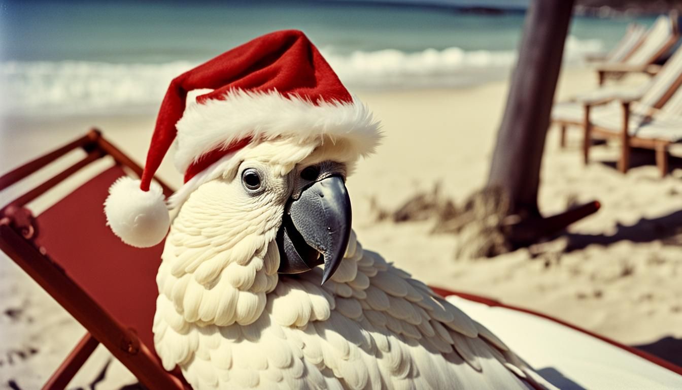 Cockatoo in Christmas Hat on Beach as Polaroid