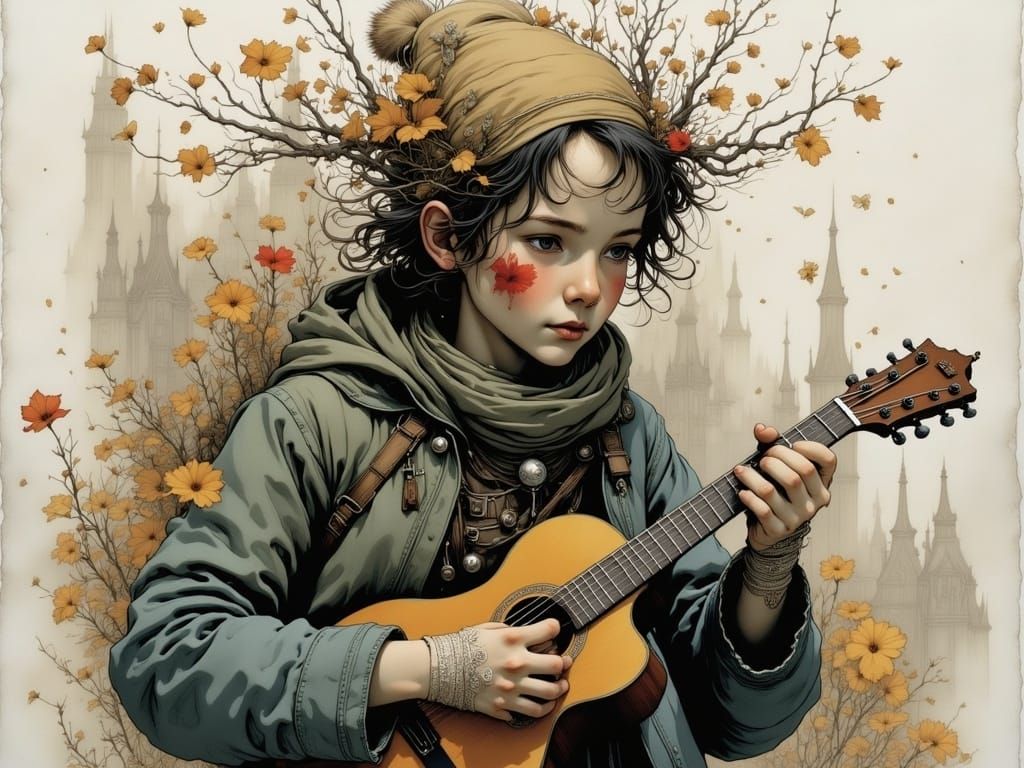 Intricate Street Musician in a Whimsical, Dreamlike World