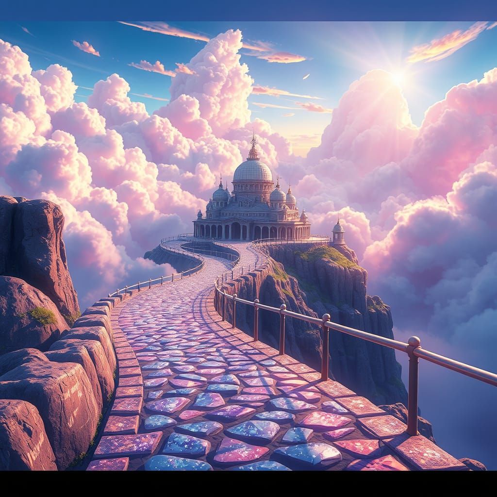 Whimsical Anime Walkway Ascends to Majestic Ocean-View Palac...