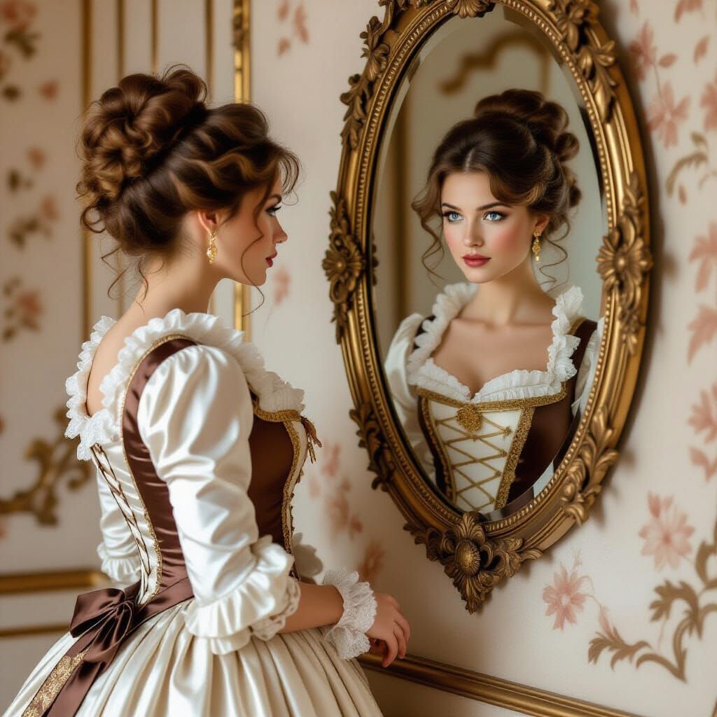 Lady in 18th Century Dress Gazing in Mirror