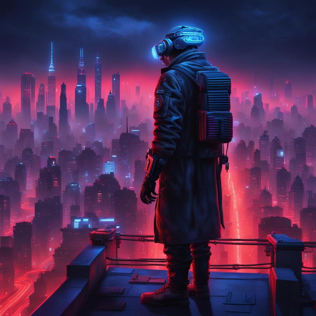 Cyberpunk Watchman Overlooking Dystopian Metropolis