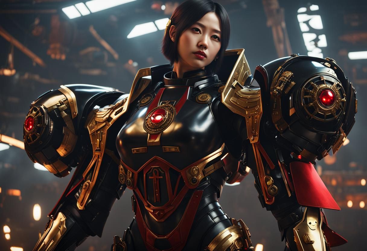 Korean Idol in Cyberpunk Power Armor, Digital Art