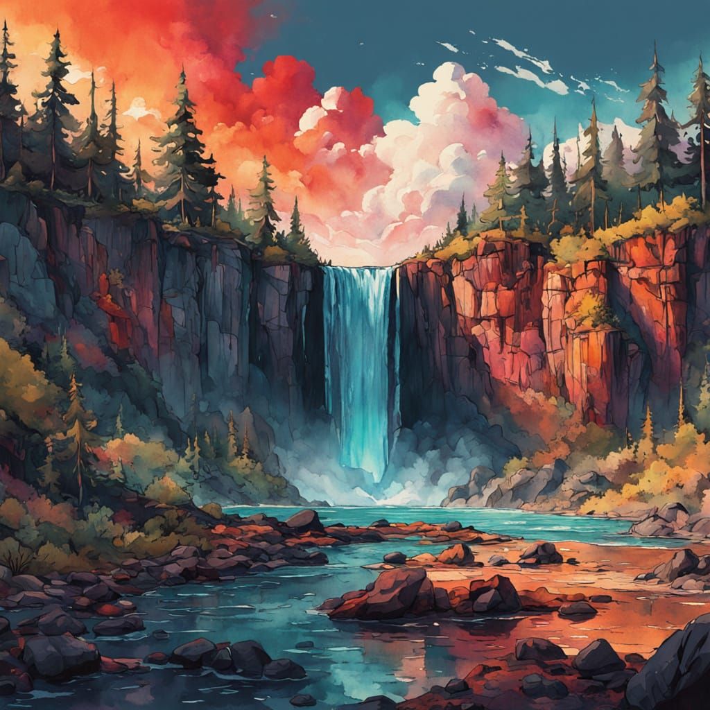 Ethereal Fantasy Landscape with Waterfall and Lava in Vintag...